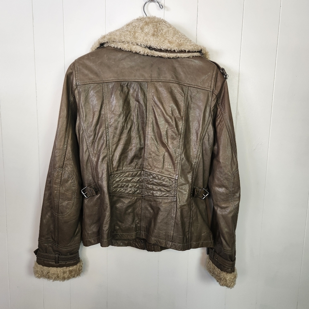 Vintage Leather Jacket Green Aviator Shearling Collar Cuffs 1990s Womens Medium - Picture 8 of 16